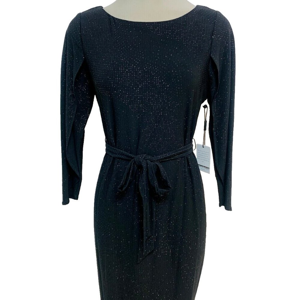 Calvin Klein BLACK/Silver Metallic Self Belt Cocktail Party Sheath Dress